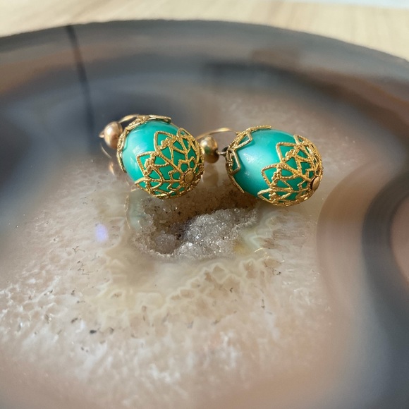 Turquoise dangle earrings gold filigree hippie jewelry - Picture 5 of 7
